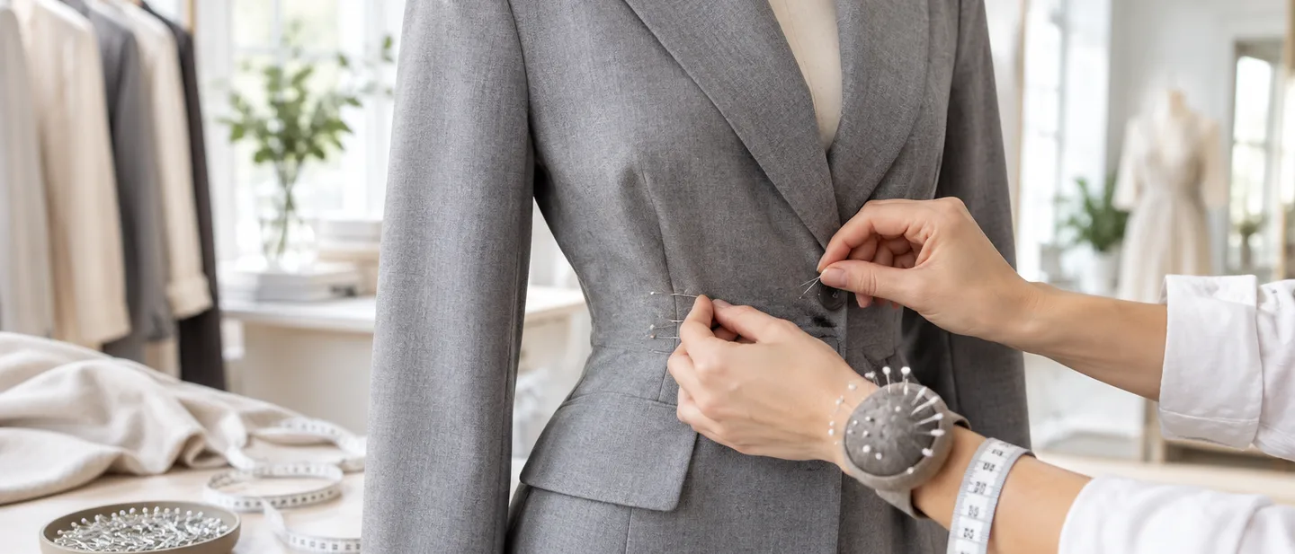 Consultora marcando con alfileres el talle de un blazer gris sobre un maniquí