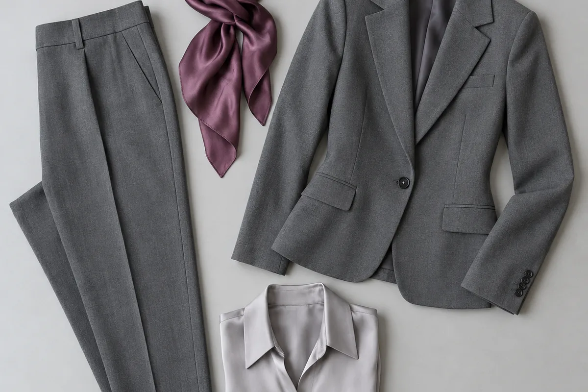 Traje de chaqueta gris con pantalón, blusa satinada y pañuelo ciruela sobre una mesa