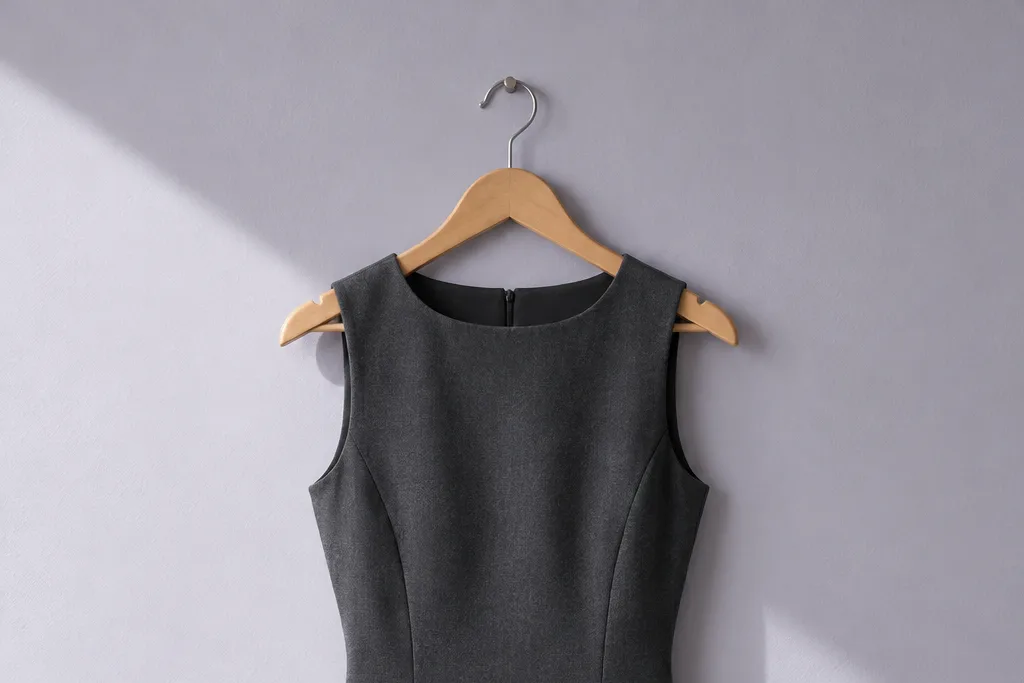 Vestido gris marengo sin mangas colgado de una percha de madera
